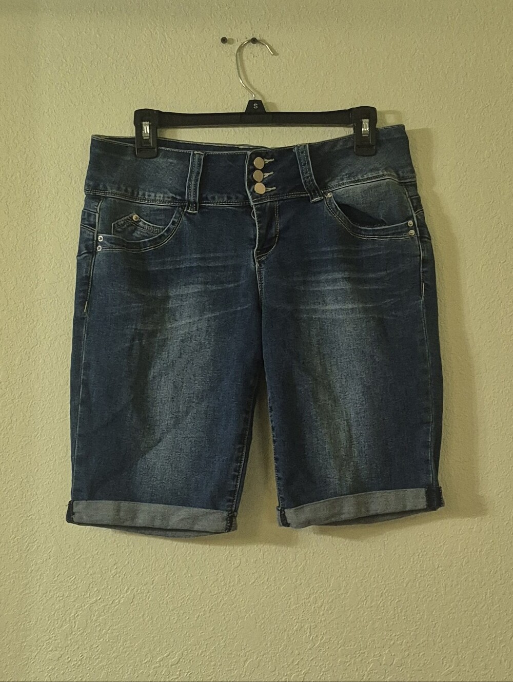 YMI Dark Blue Denim Bermuda Shorts with Triple-Button Front